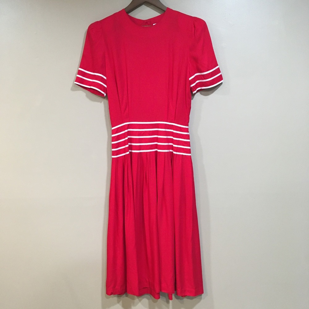 Vintage 1980s Shoulder Pad Dress Womens 6 Red White Stripe Nautical Sailor Retro